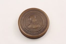 A horn snuff box with cover English, early 19th century, the obverse with a relief cameo portrait of