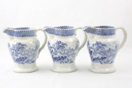 Three blue and white jugs with transfer printed decoration late 19th/early 20th century, height 14cm