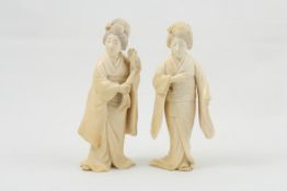 Two 19th century Japanese carved ivory Okimono figures modelled as standing Geisha girls, height