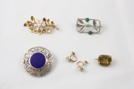 Four brooches and a pair of opal earrings comprising a 9ct gold floral spray brooch set with opals