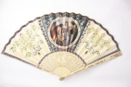 An 18th century hand painted and ivory fan with pierced and carved ivory sticks, and hand painted