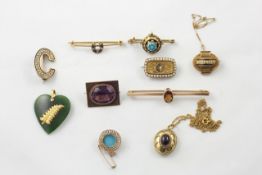 A collection of seven brooches and three pendants comprising a faceted amethyst brooch; a brooch