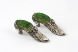 An Edwardian pair of novelty silver pin cushions in the form of 18th century shoes hallmarked