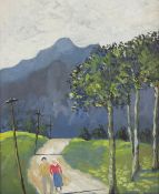 In the manner of Noel Coward Gouache on canvas `Country Lane`, unsigned, framed, 24 x 19cm.