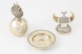 A white metal and horn menu holder English, late 19th century, together with a small silver dish