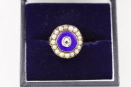 An enamel, pearl and diamond Georgian ring early 19th century, set with centre blue enamel around