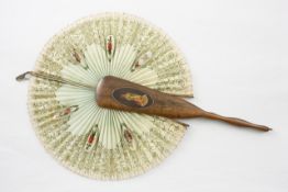 Two late 19th/early 20th century fans comprising a wooden and paper fan depicting birds, contained