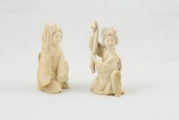 Two 19th century Japanese carved ivory Okimono figures both modelled as kneeling girls one holding a