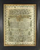 A late 18th century sampler dated 1799, by Leah Criswick, finely worked in predominantly green and