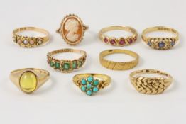 Seven gem set rings predominantly Victorian, together with a 18ct gold wedding band, and an 18ct