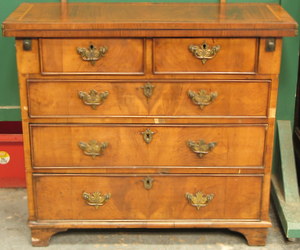 ANTIQUE MAHOGANY, INLAID, TWO OVER THREE CHEST OF DRAWERS WITH FOLD OVER TOP, APPROXIMATELY 69.5cm