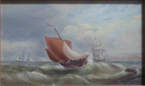 SMALL GILT FRAMED OIL ON BOARD, DEPICTING SAILING BOATS ON STORMY SEAS, UNSIGNED. APPROXIMATELY 10cm