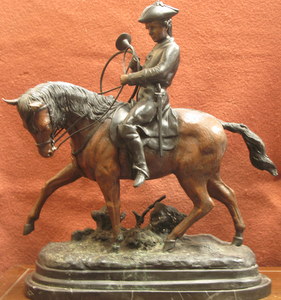 BRONZE FIGURE OF A GENT ON HORSEBACK ON MARBLE BASE, SIGNED, APPROXIMATELY 64cm HIGH