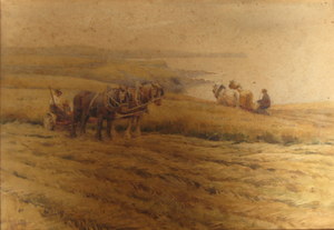 HAROLD SWANNICK, FRAMED WATERCOLOUR- HARVESTING, ISLE OF MAN. APPROXIMATELY 17cm x 24.5cm