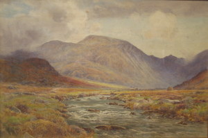 CLINTON JONES, GILT FRAMED WATERCOLOUR DEPICTING A WELSH RIVER AND MOUNTAIN SCENE, APPROXIMATELY