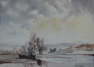 DEREK HEALISS, FRAMED WATERCOLOUR DEPICTING A FISHING BOAT BY A LAKE