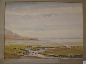 E. GRIEG HALL, FRAMED WATERCOLOUR OF MARSHES, APPROXIMATELY 26.5cm x 36cm