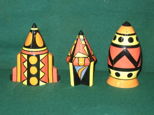 LORNA BAILEY- THREE CERAMIC SUGAR SIFTERS BY OLD ELLGREAVE POTTERY- SPACE ROCKETS. ALL LIMITED