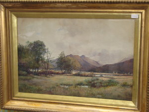 NORMAN M. MACDOUGAL, GILT FRAMED WATERCOLOUR- CATTLE IN A VALLEY SCENE, APPROXIMATELY 49cm x 74cm