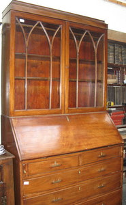 MAHOGANY FALL FRONT WRITING BUREAU, FITTED INTERIOR AND TWO DOOR GLAZED BOOKCASE TOP SECTION