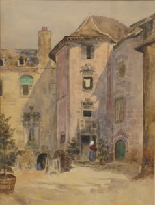 UNSIGNED WATERCOLOUR DEPICTING A VICTORIAN STREET SCENE WITH FIGURES, APPROXIMATELY 58.5cm x 44cm