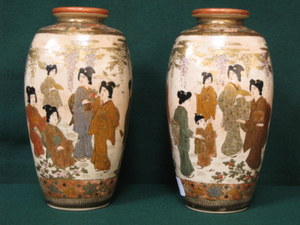 PAIR OF HANDPAINTED AND GILDED SATSUMA WARE VASES, DECORATED WITH ORIENTAL FIGURES THROUGHOUT,