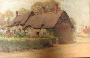 DONALD KENDAL, FRAMED WATERCOLOUR DEPICTING ANNE HATHAWAY`S COTTAGE. APPROXIMATELY 22cm x 34.5cm