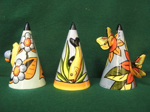 LORNA BAILEY- THREE CERAMIC SUGAR SIFTERS BY OLD ELLGREAVE POTTERY- SNAIL, FISH AND BUTTERFLY. ALL