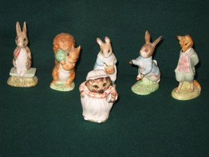 SIX ROYAL ALBERT BEATRIX POTTER CERAMIC FIGURES- SQUIRREL NUTKIN, FIERCE BAD RABBIT, MRS RABBIT