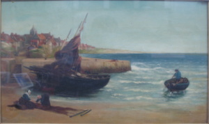 GILT FRAMED OIL ON CANVAS DEPICTING A COASTAL SCENE WITH FISHING BOAT SIGNED BOTTOM LEFT, INDISTINCT