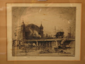 FRAMED MONOCHROME ETCHING OF A RIVER CROSSING SIGNED IN PENCIL ALEC E WAITE 21cm x 26cm