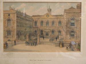 FRAMED POLYCHROME LITHOGRAPH DEPICTING BLUECOAT HOSPITAL LIVERPOOL, CIRCA 1870, APPROXIMATELY 19cm x