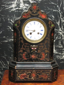 EBONISED VICTORIAN STYLE MANTEL CLOCK WITH BRASS INLAY AND ENAMELLED DIAL, FOR RESTORATION