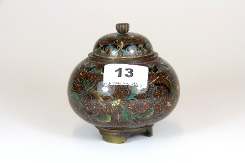 A 19thC Japanese tea dust ( ground gold stone) cloisonné bowl and lid H 11cm Dia.10cm