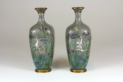 A pair of 19thC fine quality Japanese cloisonné vases, character stamp to base H. 13cm both with