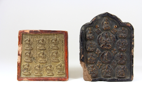 Two 19thC Tibetan sun baked clay Buddhist temple tablets. 11 x11 and 15x 1cm