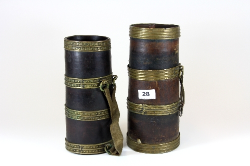 Two 19thC Tibetan brass mounted Chang beer flasks H. 25cm