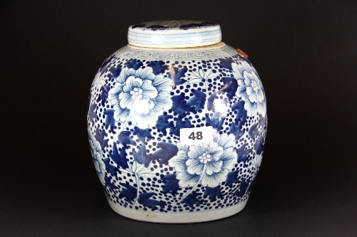 A 19thC Chinese hand painted provincial porcelain ginger jar and lid H. 24 Dia. 22cm