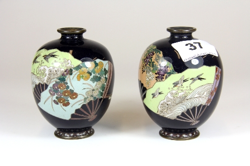 A pair of fine 19thC Japanese cloisonné vases with fan decoration H 9.5cm one slightly scratched
