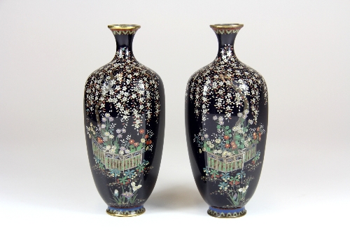 A fine pair of 19thC Japanese silver wired cloisonné vases H. 12.5cm