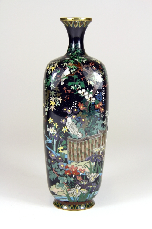 A very fine 19thC Japanese silver wire cloisonné vase with bird and foliate decoration H.15cm