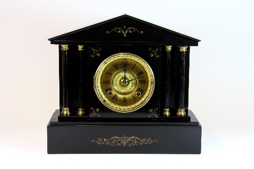 19thC Ansonia slate mantle clock with brass dial. Recently serviced. H. 33cms