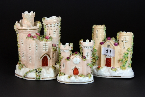 3 19th century Staffordshire pastille burners in the form of castles (1 Repaired)