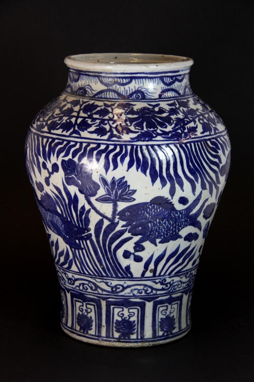 A 19thC Chinese hand painted provincial stoneware vase H.30.5cm