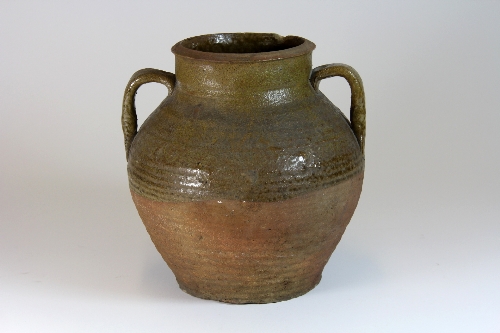 An 18th/19thC Chinese olive glazed two handle pottery jar H.22cm