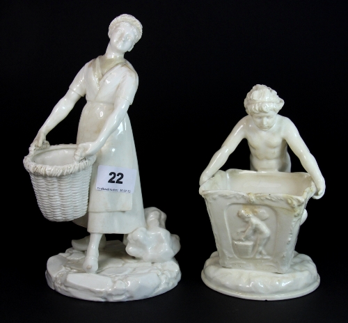 An 18thC White glazed Worcester figure of a lady with a basket (H. 23cms) together with an early