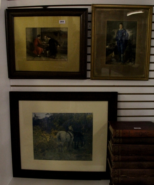 A 19thC oak framed lithograph and two further framed prints
