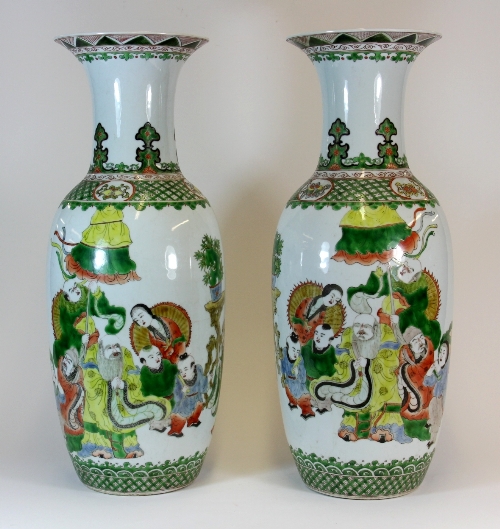 A pair of large 19th/20thC hand painted Chinese porcelain vases with three colour decoration of