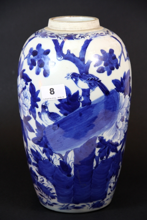 A tall 19th/20thC Chinese hand painted porcelain jar. (a/f) H.30