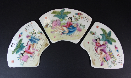 Three Chinese hand painted porcelain panels with erotic decoration 20cm x14cm